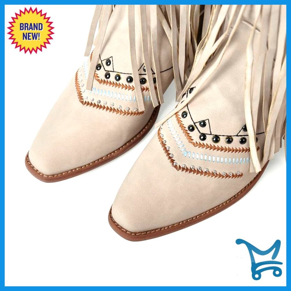 Women's Cream Fringe Western Knee-High Heeled Boot with Turquoise Accents - Picture 3 of 7